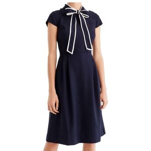 🩷HP🩷 J Crew Bow Tie Neck Dress 365 Crepe Cap Sleeve Navy Blue White